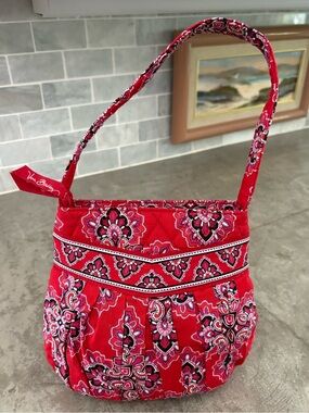 retired Vera Bradley Hannah handbag in the vibrant red and pink "Frankly Scarlet